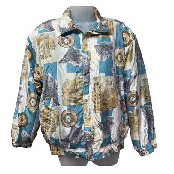 Vintage Fuda International Blue Beige Print 100% Silk Full Zip Jacket Size Small - Picture 1 of 4